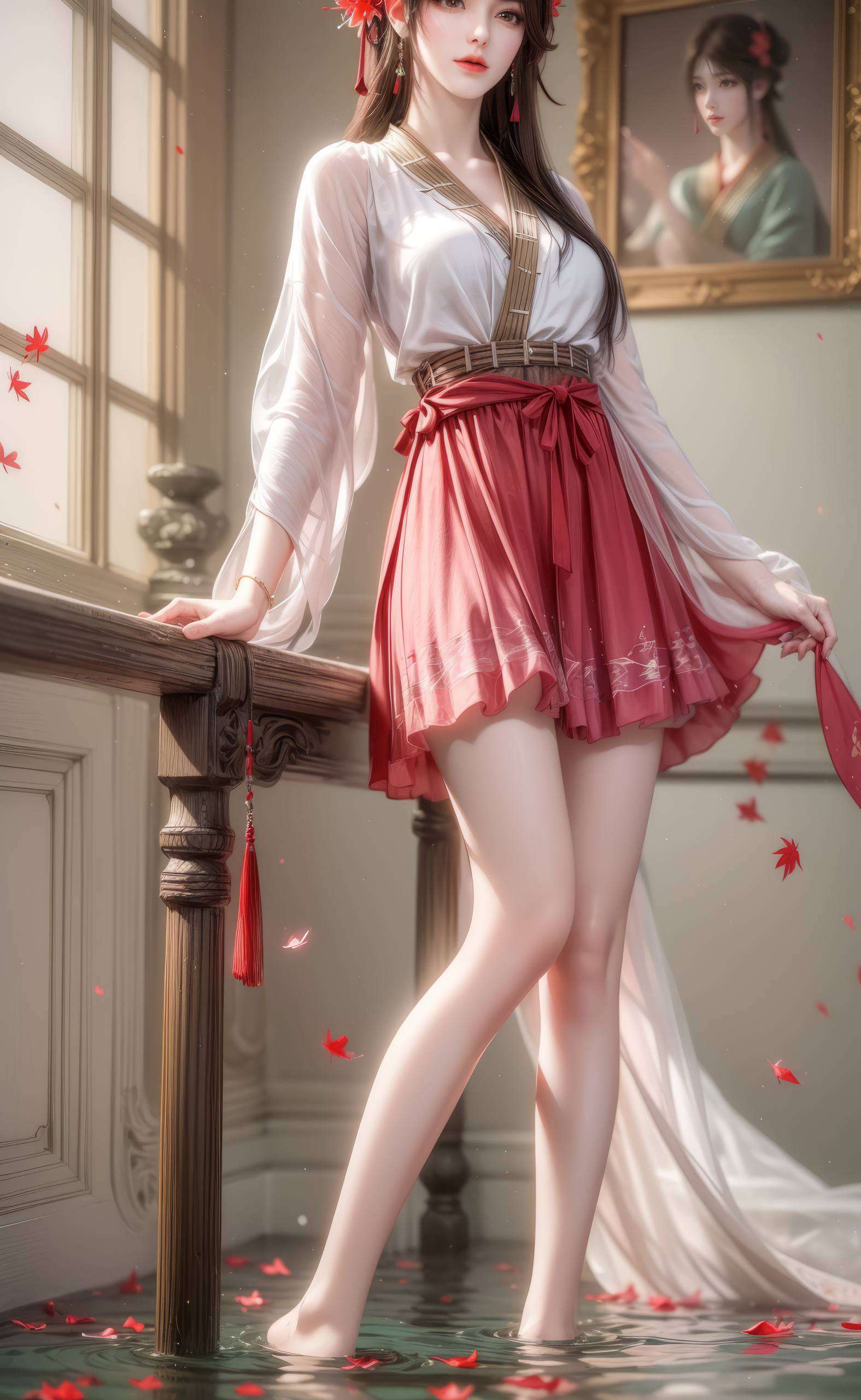 眼神中闪烁着智慧的光芒火红的长发飘逸