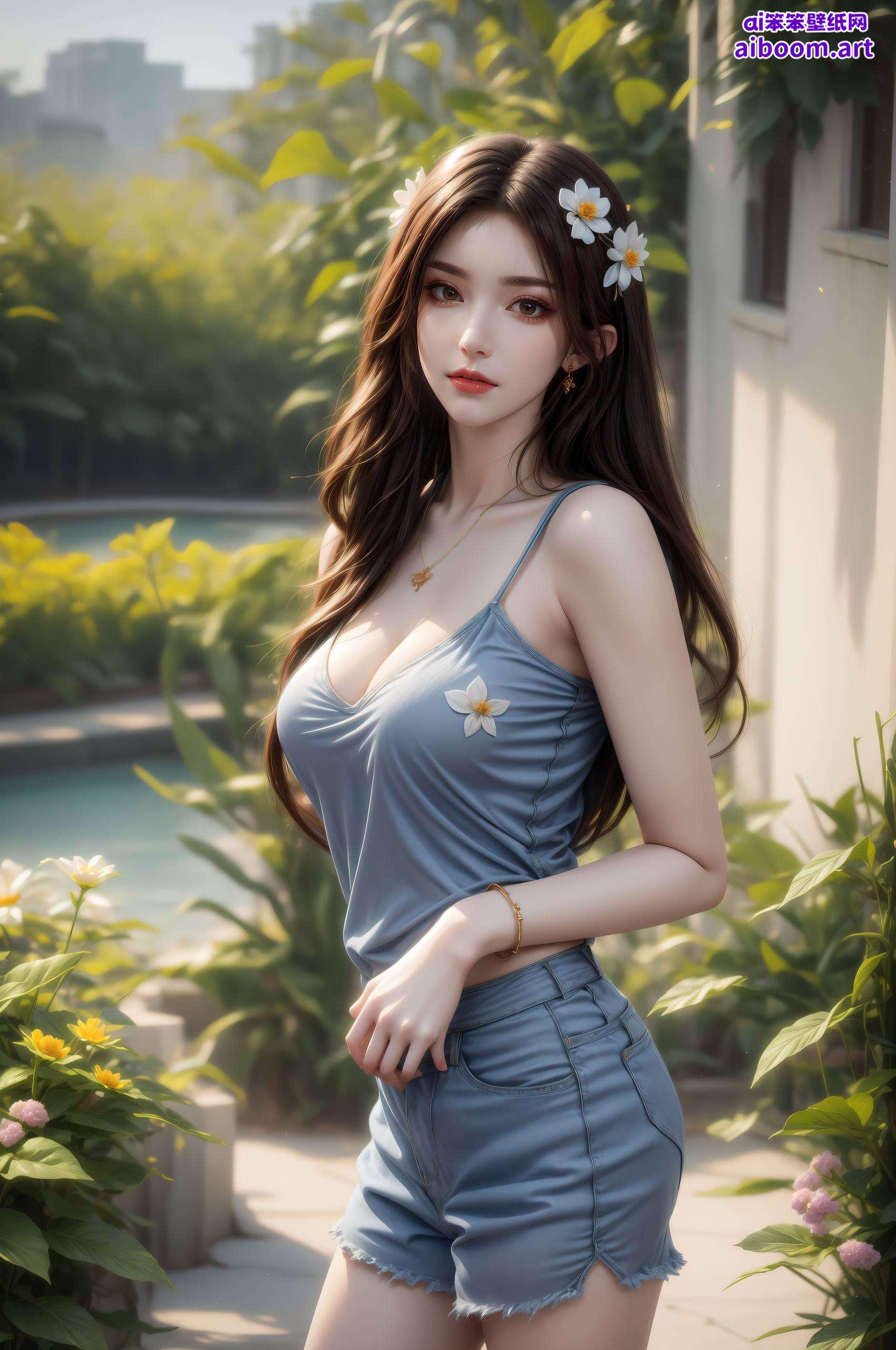 与粉色调形成鲜明对比AI绘画人物微笑素材绽放出令人心动的光彩